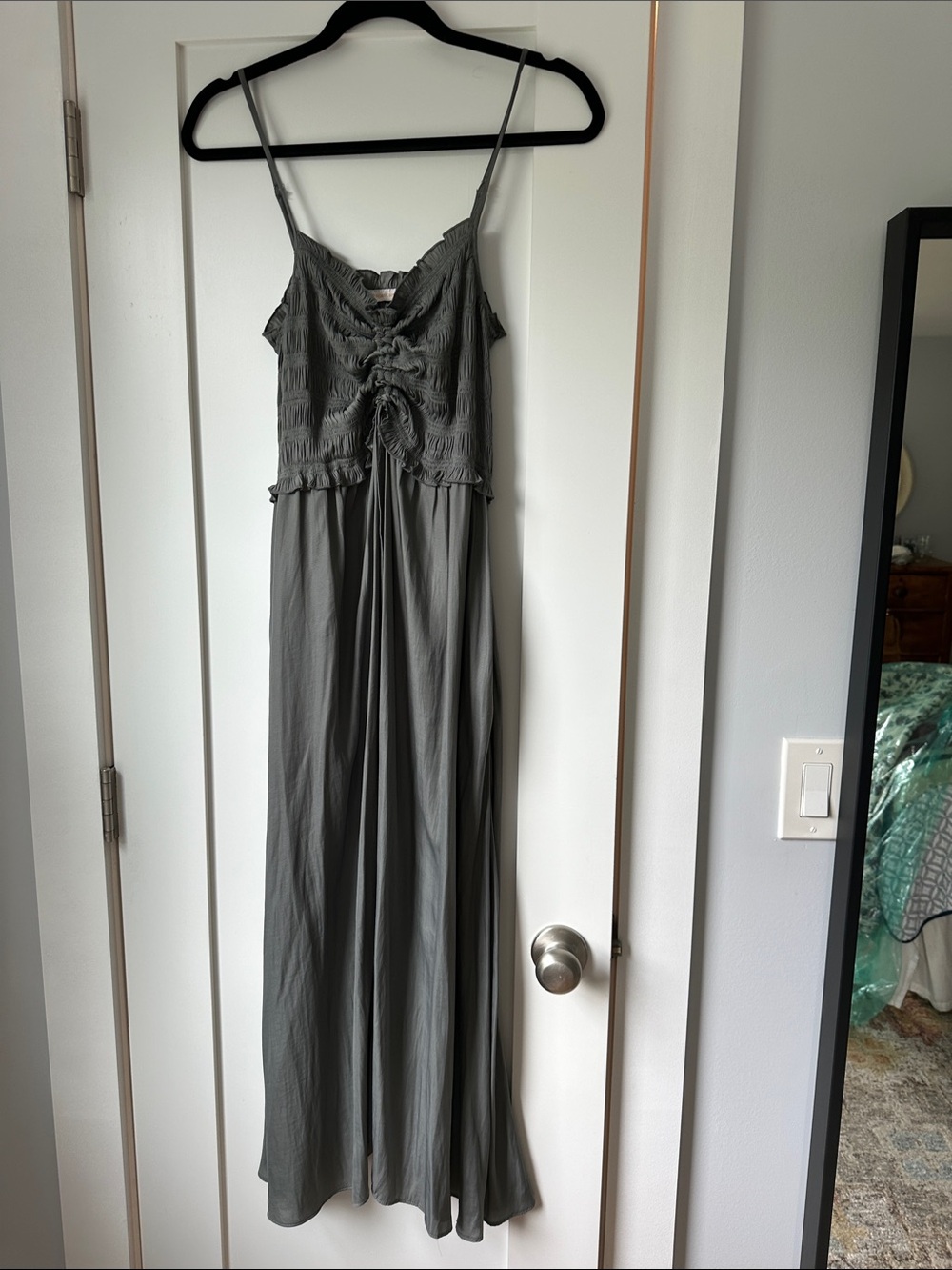 Gray Ruched-Front Maxi Dress with Spaghetti Straps